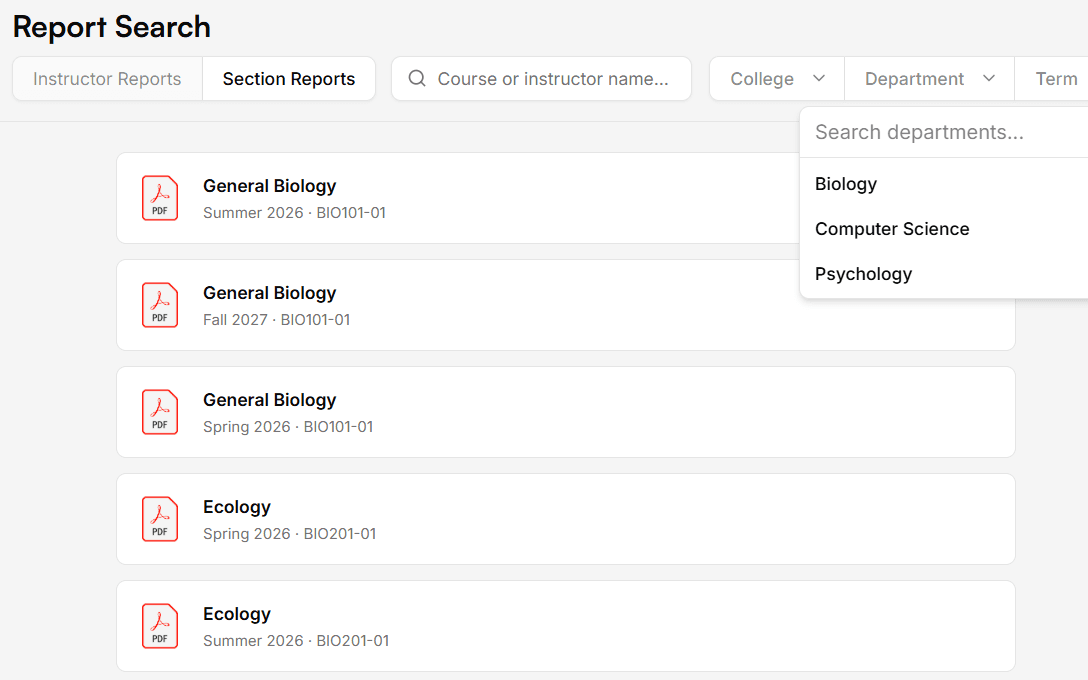 Reports search and filter interface, scoped to the user's organizational role