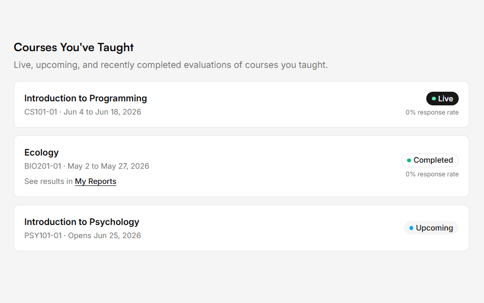 Faculty self-service dashboard with live response rates